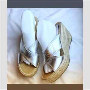 Casteller silver wedge leather mules.  NEW